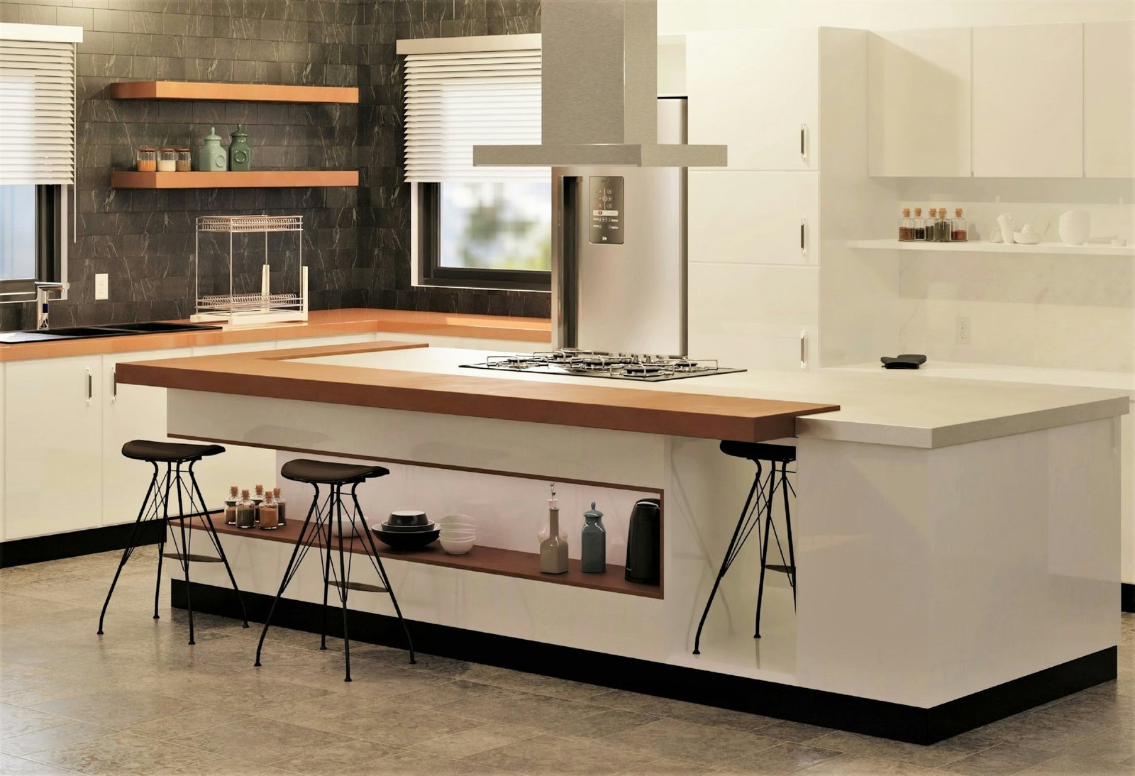 Modern kitchen with white cabinetry and an island.